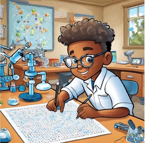 Little Boy in a Science Lab working on a Word Search