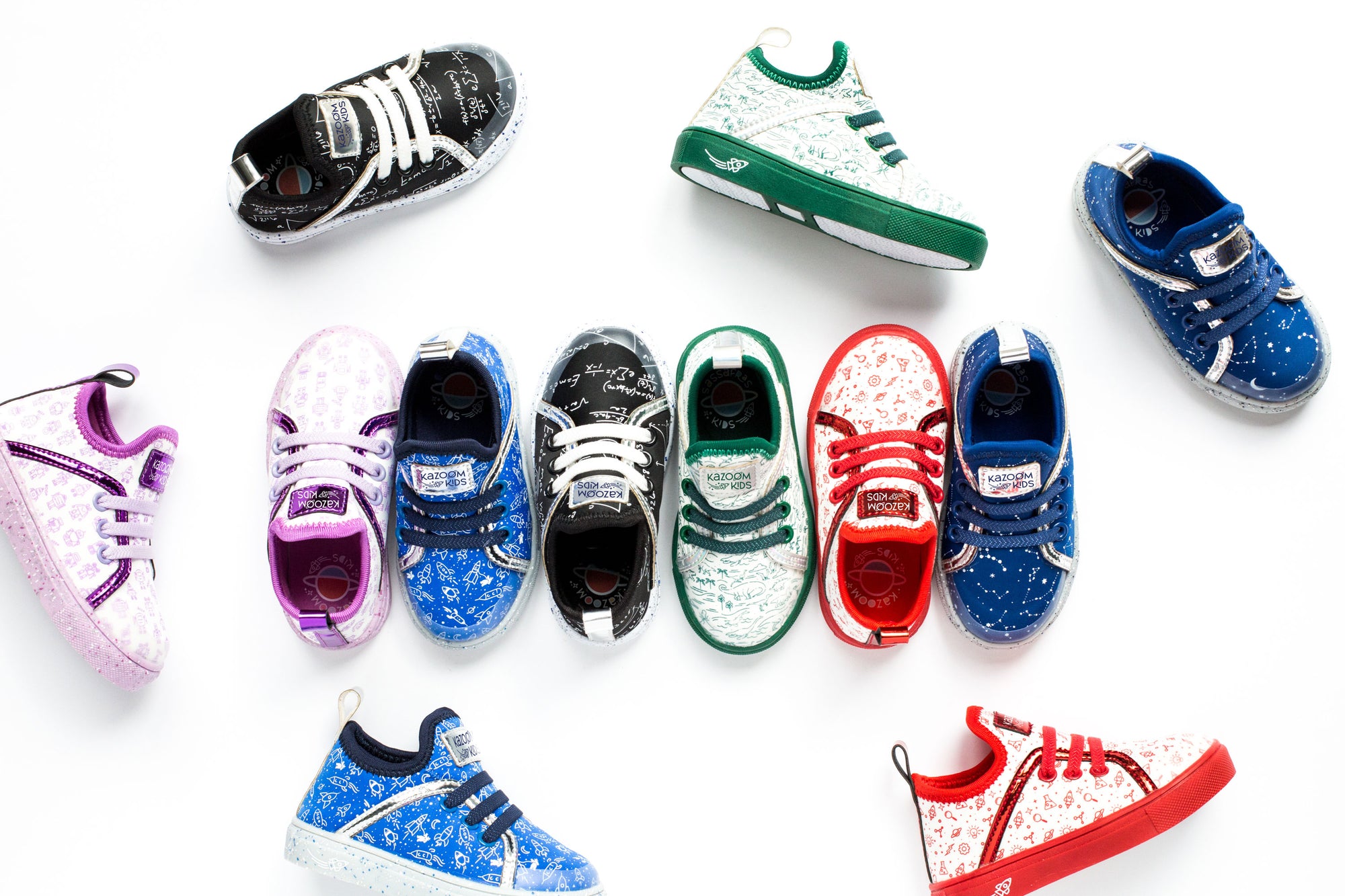 Kazoom Kids shoes illustrating dinosaurs, robots, science lab, constellations, and math shoes for toddlers, kids, and youth