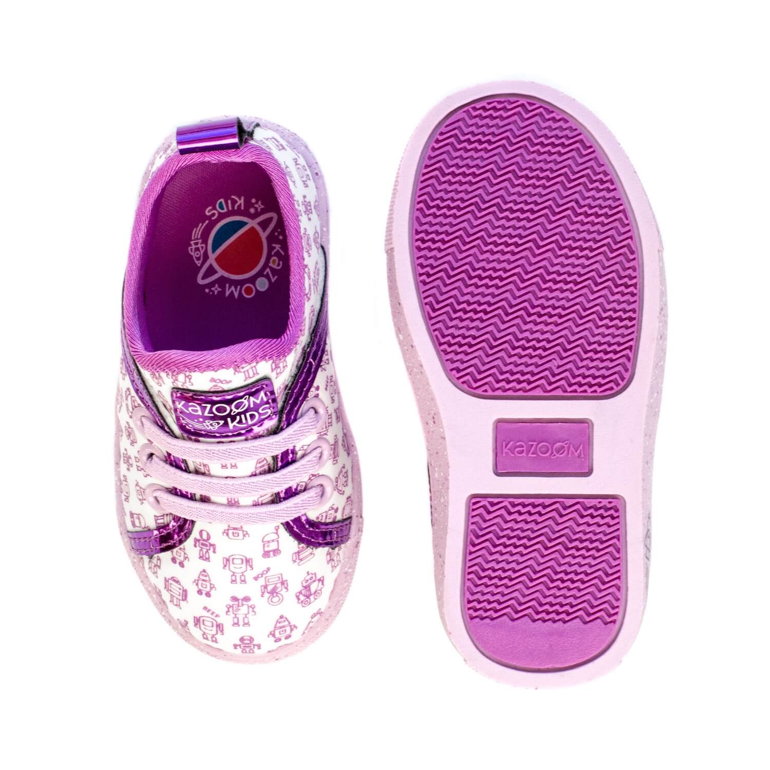 Purple and white Robot youth shoes with photo of bottom sole, no-tie laces, easy slip on, Available for Boys and Girls