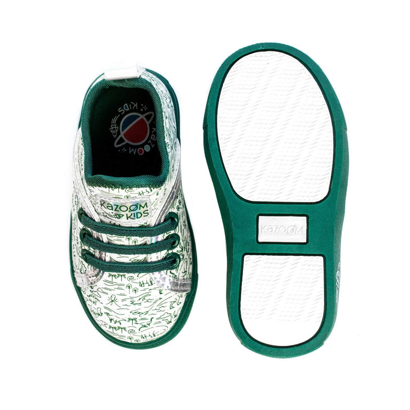 Dino Shoes Girls - Green and white Digging Dinos girl toddler shoe with white-green soles