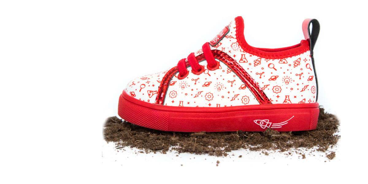 Kids Shoes resist dirt shown in Red Science Class STEM Theme