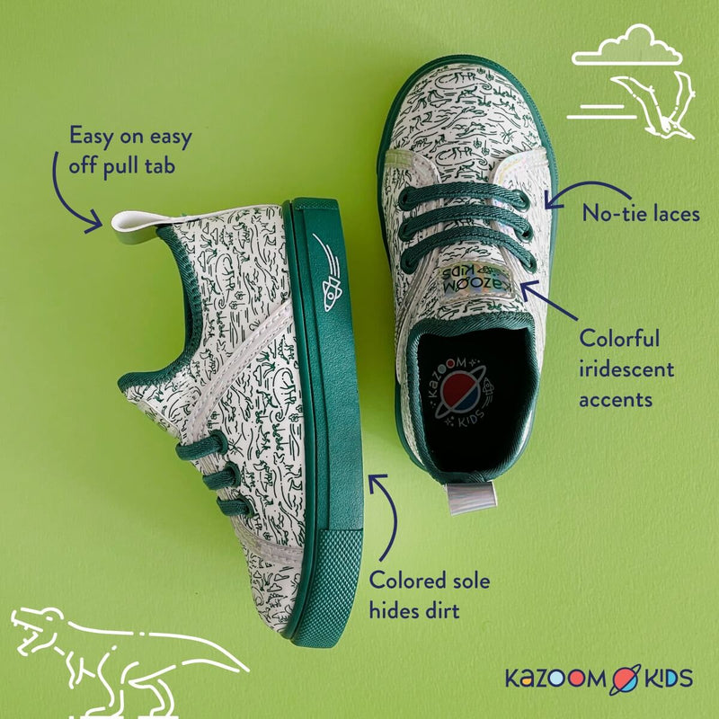 Kids Dinosaur Shoes Boys Toddler tennis shoe with call outs for no-tie laces, Easy on, and Speckled Soles
