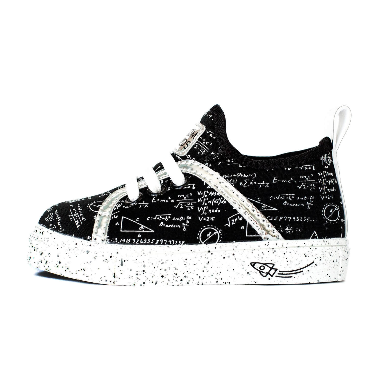 Black and white boys youth shoe illustrating math design and white speckled soles - perfect shoes for Summer or back to school