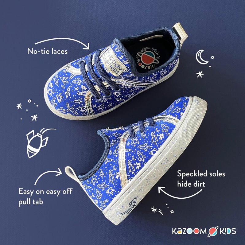 Kids slip on shoes - Blue Rocket boys Toddler Sneakers with call outs for no-tie laces, Easy on, and Speckled Soles