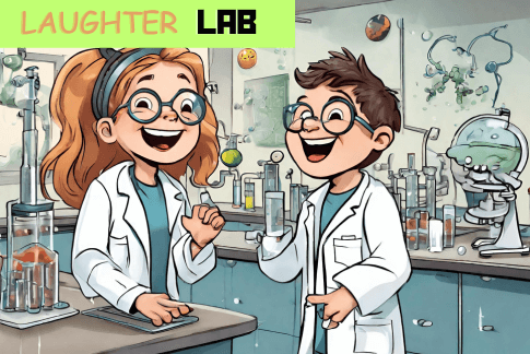 Two kids in a science lab laughing at jokes