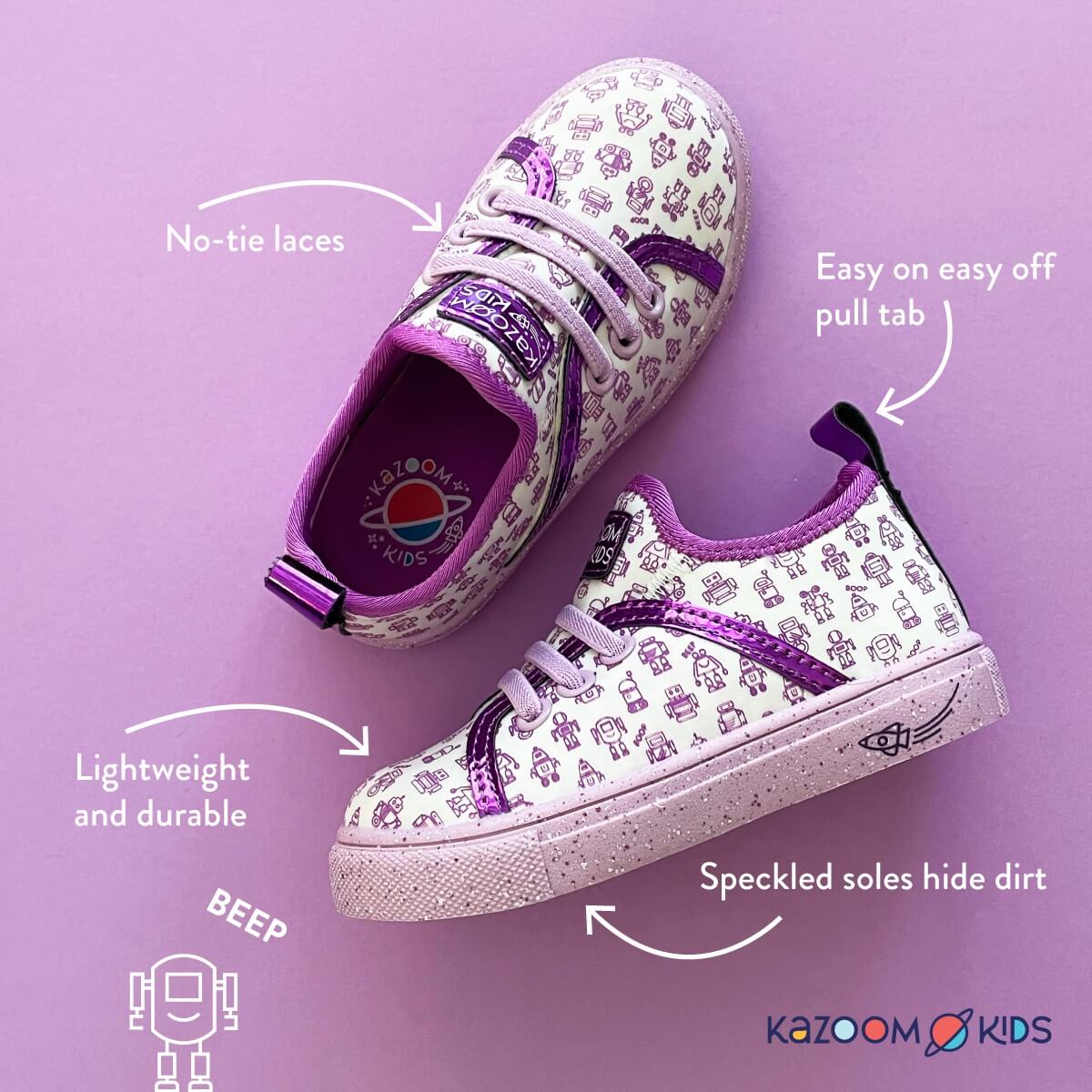 Purple Robots Toddler tennis shoe with call outs for no-tie laces, Easy on, and Speckled Soles