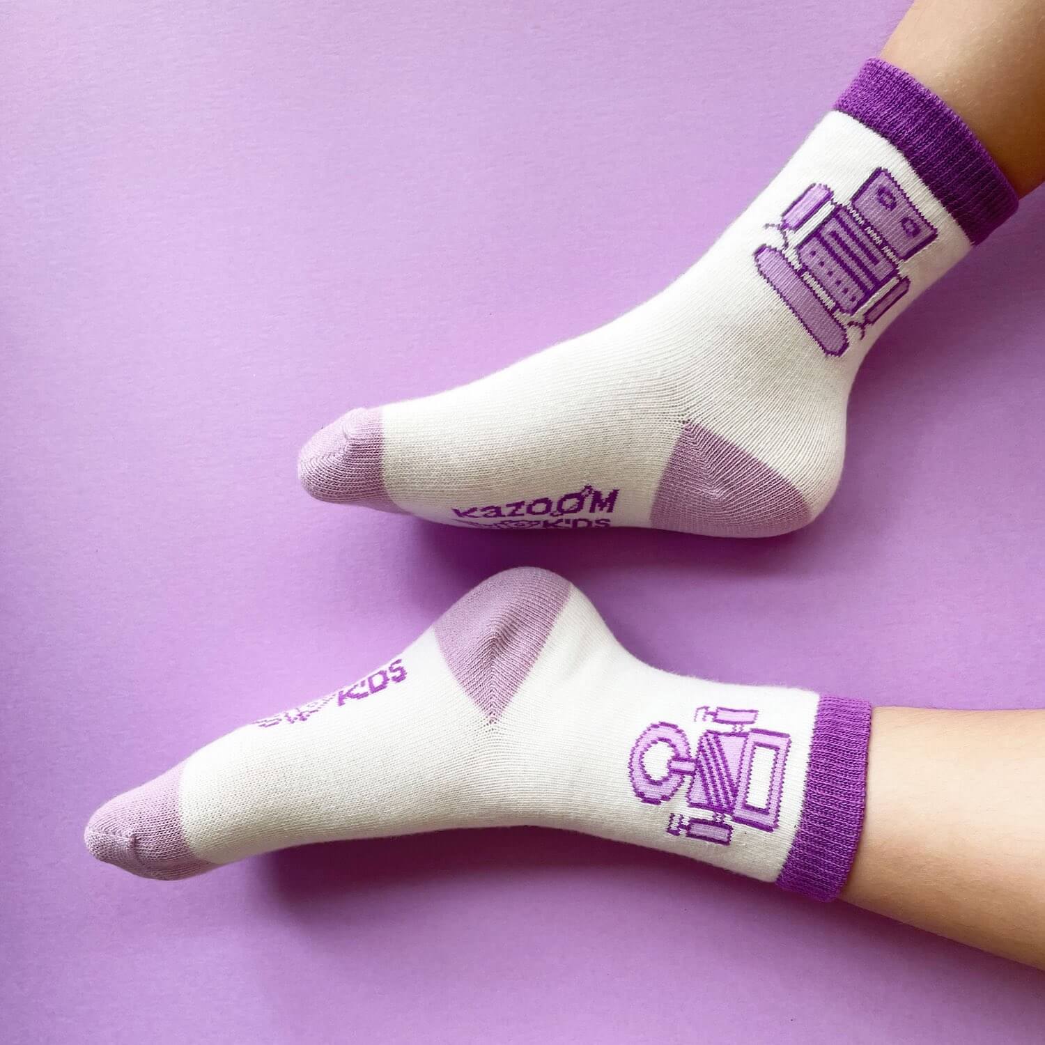 Toddler Girl Socks - White with purple robots
