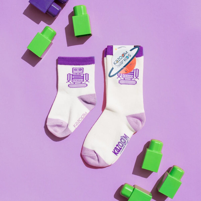 Toddler Socks with grips - Kazoom Purple robot socks in Toddler size