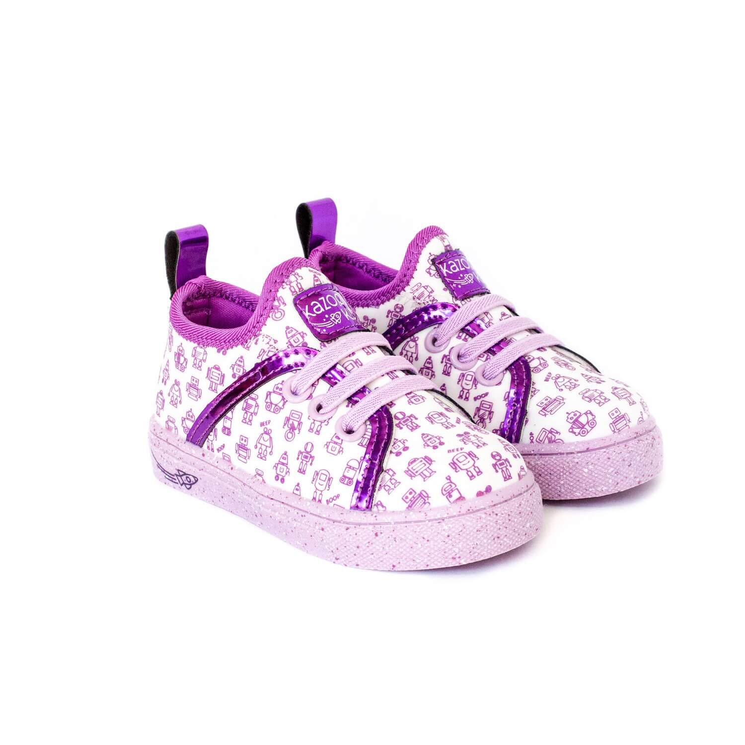 Girls Purple and white Robot youth shoes with purple iridescent stripes and no tie laces in toddler, kids and youth sizes